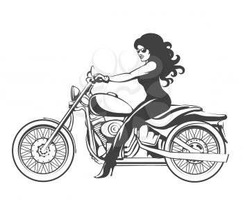 Beautiful girl on a motorcycle draw in retro style isolated on white background.