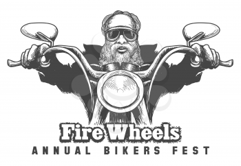 Biker riding a motorcycle drawn in hand made style. Bikers event or festival emblem. Free font used.