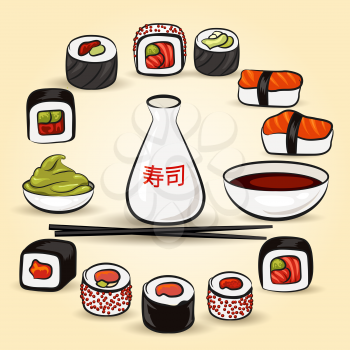 Sushi Bar set. Assorted japan food and species. Illustration in cartoon style.