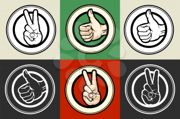 Gestures Thumb up and Victory emblem set. Colorful illustration.
