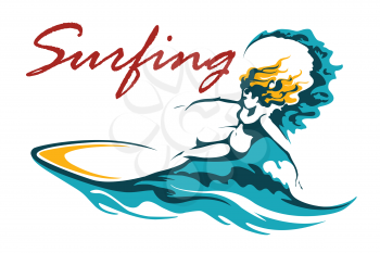 Surfing Club or Camp label with female surfer on long board riding a wave. Vector illustration.