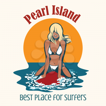 Surfing sports Emblem in retro style. Smilling Girl in bikini on a sufrboard. Vector illustration. 