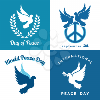 Design set of International day of Peace. Dove of Peace, pacific sign, laurel wreath and branch.