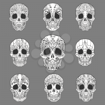 Day of the Dead Doodle Sugar Skulls set. Vector Collection