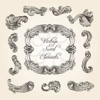 Collection of vintage flourishes and swirls. Scroll elements for frame corner and divider design. Vector illustration.