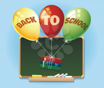 Back to school illustration with chalkboard and balloons with books.