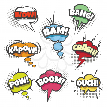 Comic sound effects text in sound bubbles. Illustration in pop art style.