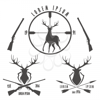 Set of deer hunting emblems. Silhouette and head of deer, target, crossed guns and arrows.