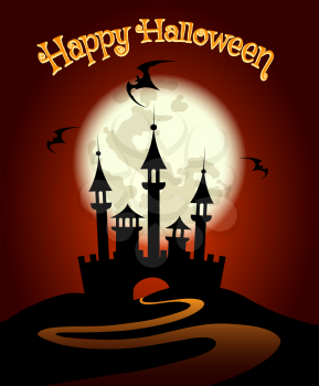Halloween Background or Invitation Poster. Dark castle and Flying bat with wording Happy Halloween. Vector Illustration.