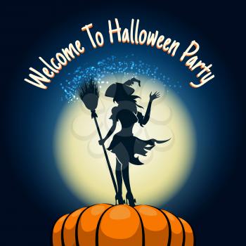 Halloween Party Invitation Poster. Witch with broom in her hands on a huge pumpkin. Vector illustration.