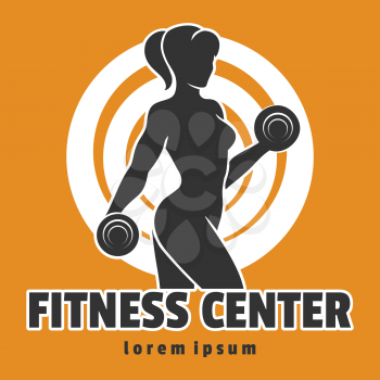 Fitness Club or Center emblem with training Woman holds dumbbells. Vector illustration.