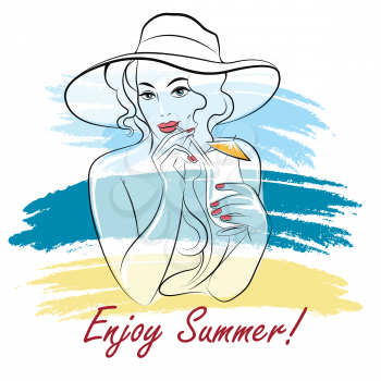Young woman with tropical cocktail on the beach. Illustration in retro style and watercolor background. Free font used.