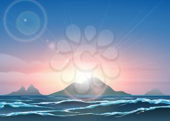 Horizontal background with sunrise over the ocean and tropical islands.