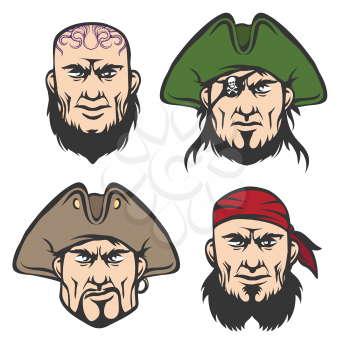 Pirate Mascot Faces Set. Cartoon  One eyed captain, boatswain, cannoneer and shipman in cartoon style. Isolated on white.