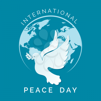 International day of Peace illustration. Dove of Peace fly against globe silhouette.