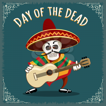 Day of the Dead illustration. Skull Mariachi guitar player drawn in cartoon style.