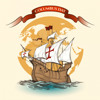 Happy Columbus Day Illustration. Hand Drawn Columbus ship against world map and ribbon.