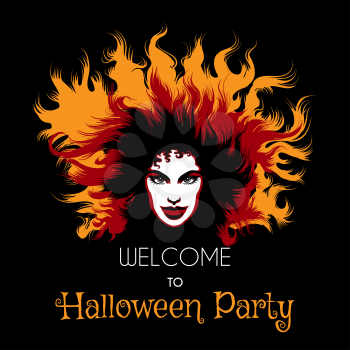 Welcome to Halloween Party Poster. Long haired Woman with fiery witch makeup. Vector illustration.