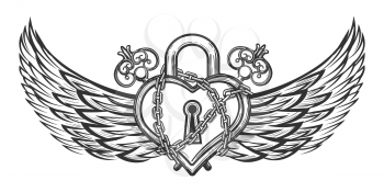 Heart Shaped Lock in chains with Wings and vintage keys. Vector illustration drawn in romantic tattoo style