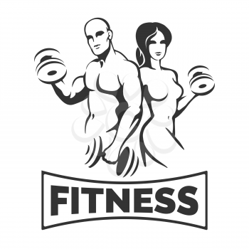 Bodybuilder Clenter or Fitness Template. Athletic Man and Woman Holding Weight Silhouettes.  Vector illustration