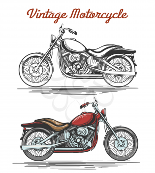 Vintage Motorcycle Set. Hand-drawn Colorful and Monochrome retro motorcycles isolated on white. Vector illustration.