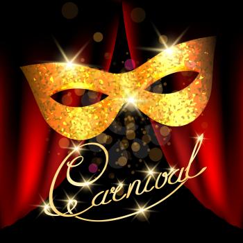 Poster with Golden Carnival Mask and Hand writen inscription Carnival. Masquerade, Mardi Gras Night Party Poster or Banner design element. vector illustration.