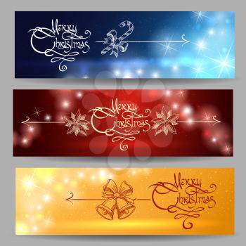 Set of winter Christmas banners with handdrawn wording. Holiday decor elements. Vector illustration