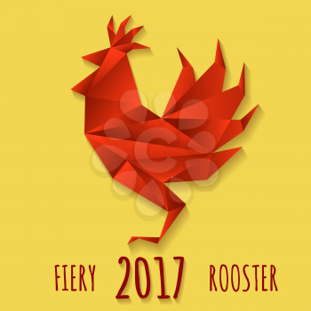 Fiery red rooster is a symbol of next year by the Chinese calendar. Vector illustration in paper origami style