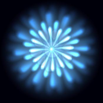 Blue chrysanth with glowing petals against black background. Vector illustration