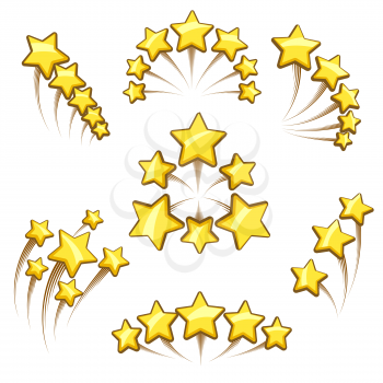 Golden stars elements set. Flying stars in cartoon style for your logo design. Vector illustration.