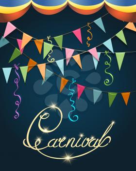 Carnival Calligraphy Colorful Poster. Festive hand written Inscription with stars, flags and serpentine. Vector illustration 