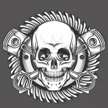 Vintage Skull With Crossed Piston and Motorcycle Gear Emblem. Biker Club or Motorcycles workshop design element. Vector illustration in engraving style.
