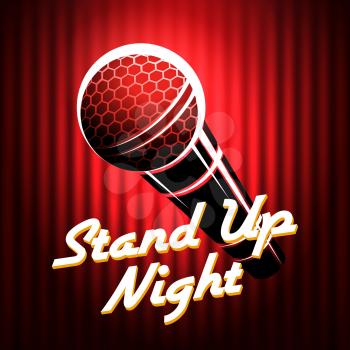 Microphone emblem against red curtain background with wording Stand Up Night. Comedian night show or battle party design. Vector illustration.