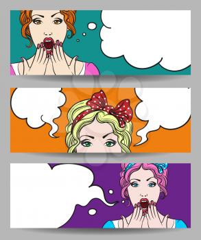 Set of Pop art surprised pretty woman face with open mouth. Comic woman with speech bubble. Vector illustration.