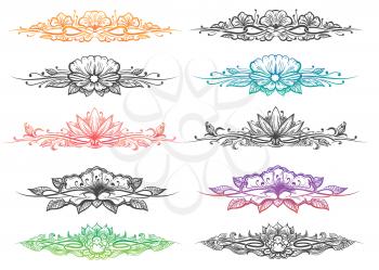 Set of hand drawn dividers and headers. Leaves, flowers, curly branches isolated on white. Ornate design elements. Vector illustration.