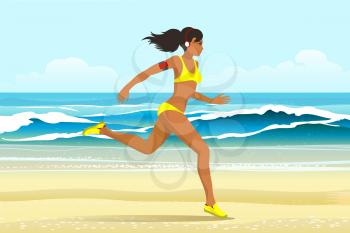 young woman in sporting clothes with headphones running on the beach. Summer activity or Sport concept. Vector illustration