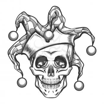 Hand drawn jester skull in fools cap. Vector illustration in engraving tattoo style.