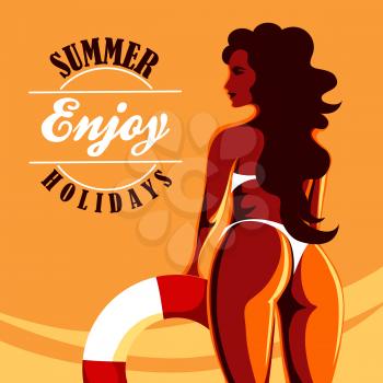 Enjoy Summer Holidays Poster or Emblem drawn in retro style. Young girl in bikini with lifebuoy and wording on yellow background. vector illustration.