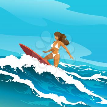 Beautiful girl in bikini on a surf board riding on big wave. Vector illustration