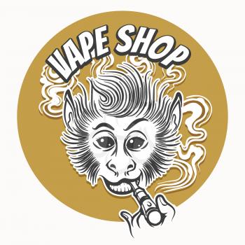 Smiling ape with electronic cigarette. Vape shop Emblem. Vector illustration