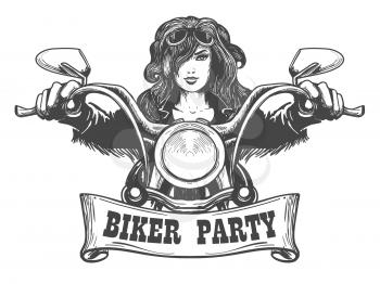 Sexy girl ride a motorbike. Biker party poster design. Vector illustration