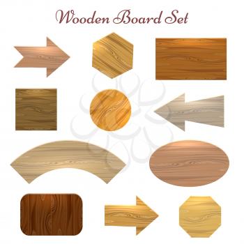 Wooden sign board label set. Eleven various shapes and types of wood sign boards for price, sale stickers, banners etc. Vector illustration.