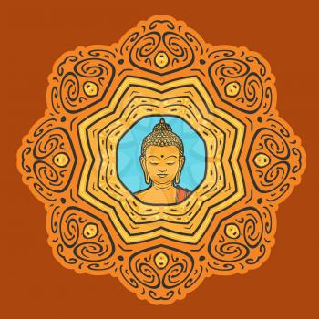 Buddha face over ornate mandala. Esoteric vintage vector illustration. Indian, Buddhism, Thai spiritual decor element. 