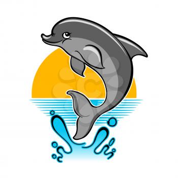 Jumping dolphin and a splash of water against sunset. Vector illustration in cartoon style.