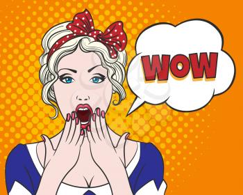 Pop art surprised pretty blond woman face with open mouth. Comic woman with speech bubble. Vector illustration.