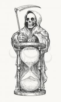 Death in hood with with a scythe and hourglass. Vector illustration in engraving style.