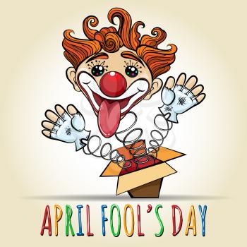 Happy April Fool's Day Illustration. Toy Clown springing out of a box. Vector illustration in cartoon style.
