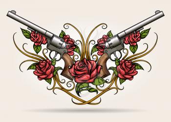Pair of crossed guns and rose flowers drawn in tattoo style. Vector illustration.