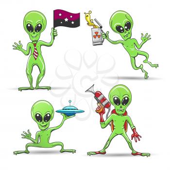Cartoon funny aliens set. Green skin aliens with a laser gun, alien uranium beer, pocket flying saucer and galaxy flag. Vector illustration.