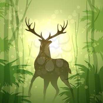 Deer in morning green Forest. Vector illustration.